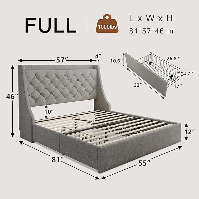 Upholstered Full Size Bed Frame with 4 Storage Drawers, Platform Bed Frame with Wingback Headboard, Charging Station, No Box Spring Needed, Light Grey