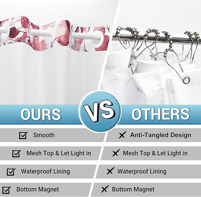 No Hook Shower Curtain with Snap in Liner - Eucalyptus Shower Curtain - Washable Waterproof Inner Liner, Plants Pink Leaves Modern Shower Curtains - Machine Washable, 71 x 74