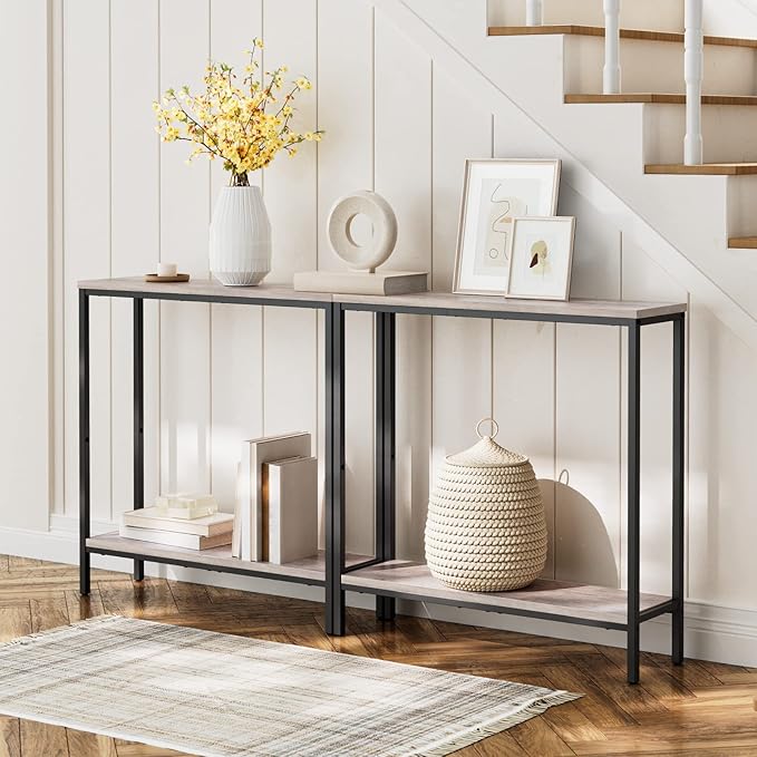 HOOBRO 29.5 Inches Narrow Console Table, Small Sofa Table, Entryway Table with Shelves, for Hallway, Living Room, Bedroom, Foyer, Greige and Black BG22XG01