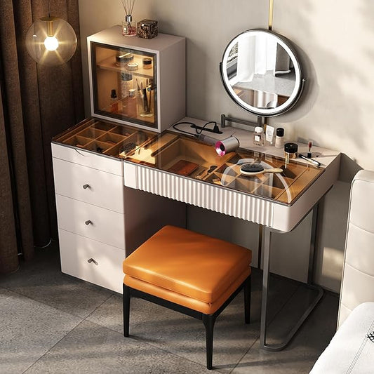 Lartis Vanity Desk with Mirror and Lights | Makeup Vanity Table with Stool Dressing Table with Drawers Vanity with Lighted Mirror and Side Cabinet for Bedroom