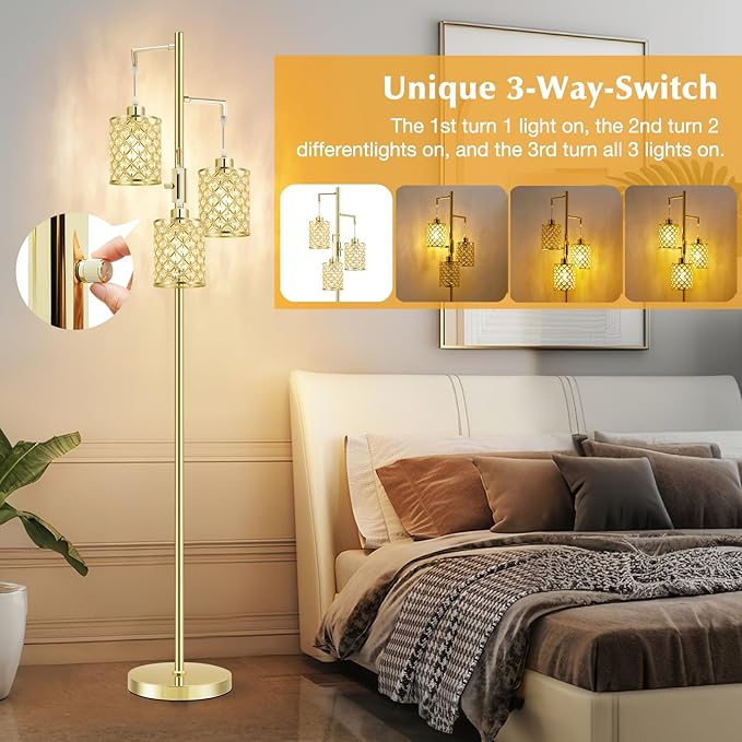 GyroVu Morden Gold Crystal Floor Lamps for Living Room, 3-Light Standing Tall Lamp with Elegant K9 Crystal Shade & Rotary Switch, Modern Corner Floor Lamp for, Bedroom, Home Office, Reading
