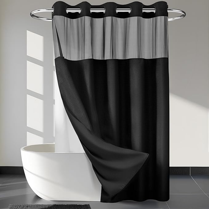 River Dream Black Shower Curain No Hooks Dotted Waffle Weave Shower Curtain with Snap in Liner - 71W x 74H,Hotel Grade,Spa Like Bath Curtain Set