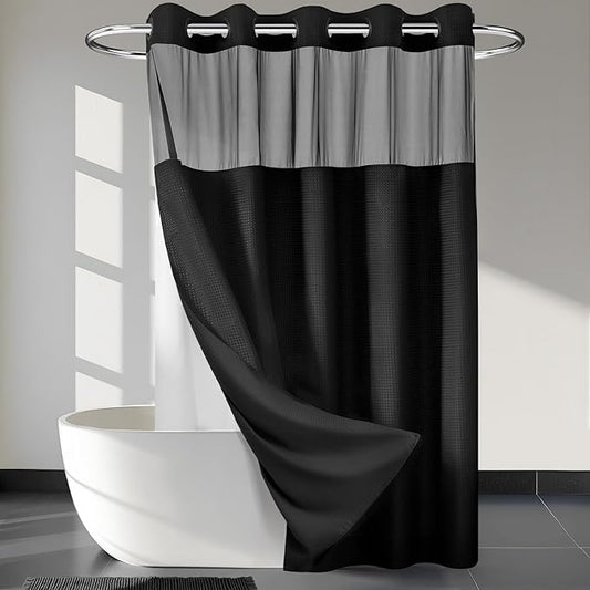 River Dream Black Shower Curain No Hooks Dotted Waffle Weave Shower Curtain with Snap in Liner - 71W x 74H,Hotel Grade,Spa Like Bath Curtain Set