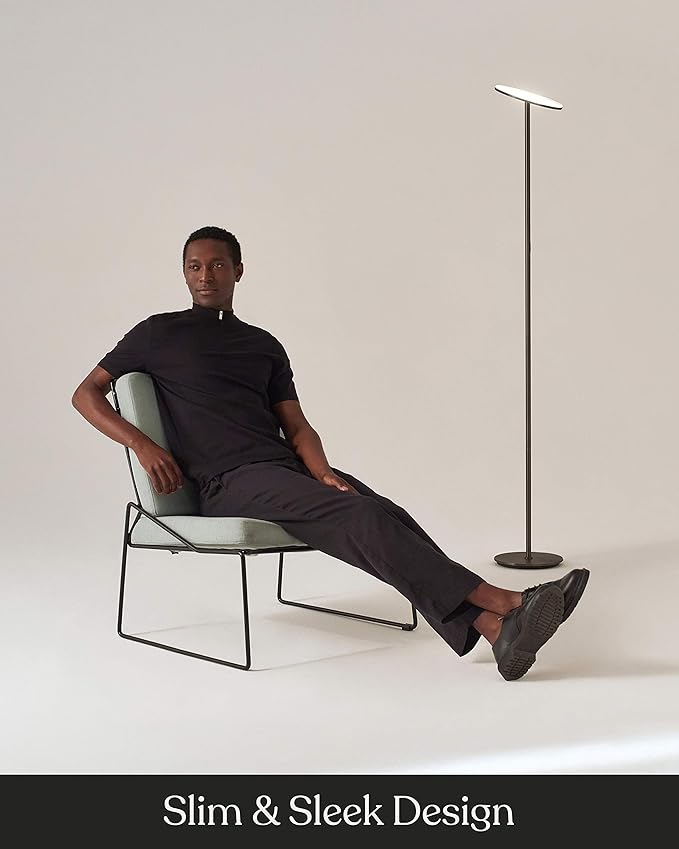 Brightech Sky LED Floor lamp, Torchiere Super Bright Floor Lamp for Living Rooms & Offices - Dimmable, Tall Standing Lamp for Bedroom Reading - Bronze