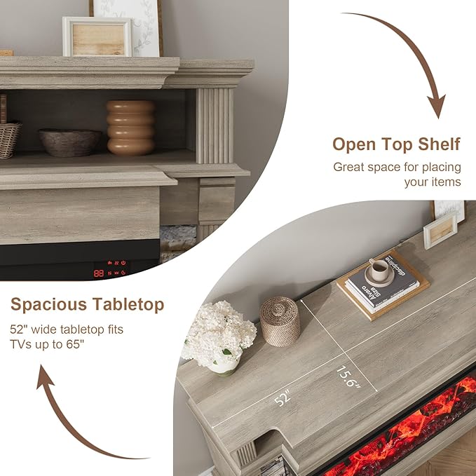 QUW Fireplace TV Stand for TVs up to 65", Farmhouse 52" Fireplace Entertainment Center with 36" 3-Side Glass Electric Fireplace, TV Console with Open Storage Shelves for Living Room, Grey