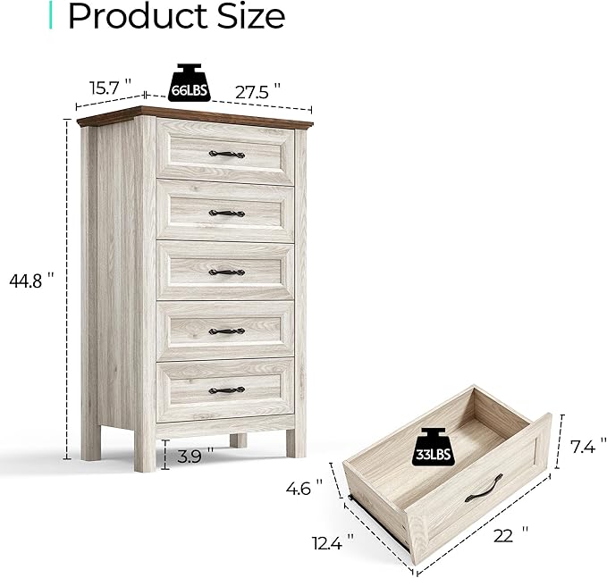 LINSY HOME 5 Drawers Dresser for Bedroom, Wood Tall Bedroom Chest of Drawers with Metal Handle, Farmhouse Dressers Organizer for Living Room, Closet, Hallway, White Oak