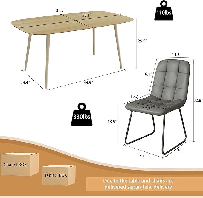 47.2'' Modern Dining Table Set for 4 - Wood Table with Cat Scratch Resistant Surface & 4 Gray Leather U-Shaped Chairs, Kitchen & Dining Room Furniture, Ideal for Small Spaces
