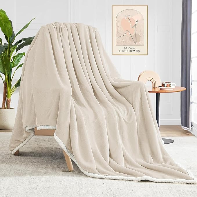 Beautex Sherpa Fleece Throw Blanket Twin Size for Couch - Thick and Warm Blanket for Winter, Fluffy Flannel Plush Twin Blanket, Fuzzy Beige Cuddle Blankets for Couch Bed Sofa (60" x 80", Beige)