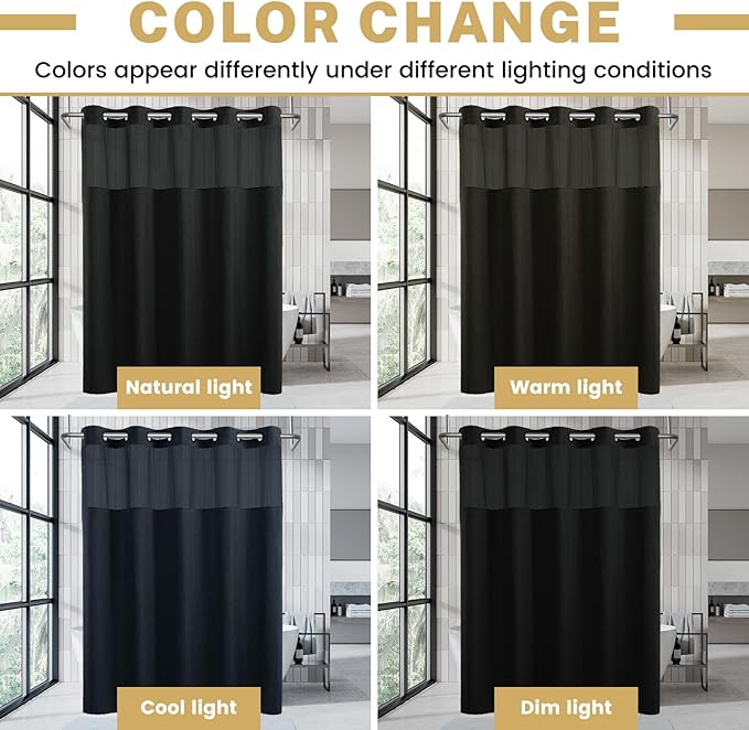 No Hook Shower Curtain with Snap in Liner, Polyester Textured Shower Curtain with Liner Set, Waterproof Washable Hotel Style Shower Curtains for Bathroom, 71Wx77H, Black
