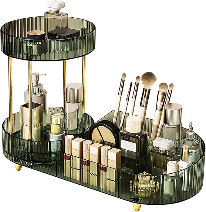 DASITON 360° Rotating Makeup Organizer for Vanity, 2 Tier Perfume Cosmetic Skincare Organizers with Makeup Brush Holder, Large Capacity Cosmetic Display Case for Bedroom Bathroom Countertop (Green)