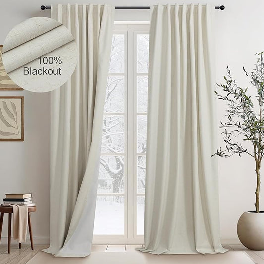 Flax Linen Curtains for Living Room 2 Panels Set 105 Inches Long Beige Thick Burlap Decorative Light Weight Blackout Curtains Soundproof Drapes Noise Cancelling Back Tab/Rod Pocket W52 x L105 Length