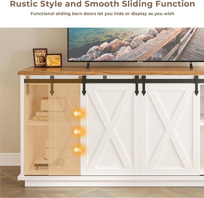 Modern Farmhouse TV Stand for Televisions up to 65’’, Entertainment Center with Storage Cabinets and Sliding Barn Doors, Media TV Consoles for Living Room, Bedroom, White