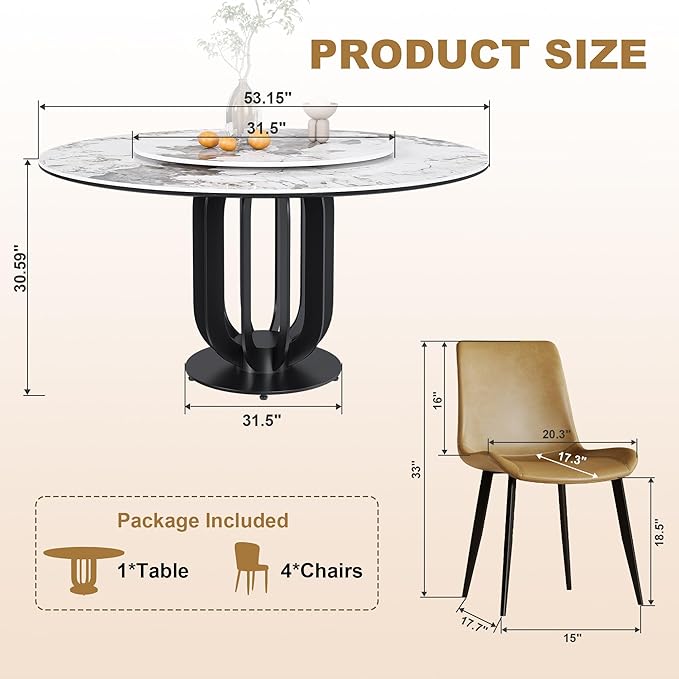 Dining Table Set with 4 Chairs, 53" Round Modern Marble Dining Table with Lazy Susan, Sintered Stone Top for Kitchen, Dining Room, Dinette