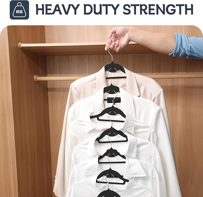 Velvet Stackable Hangers 50 Pack Black, Non Slip Space Saving Felt Hanger with Cascading Hooks, Ultra Thin and 360° Swivel Hook, Heavy Duty for Suit Shirt Pant