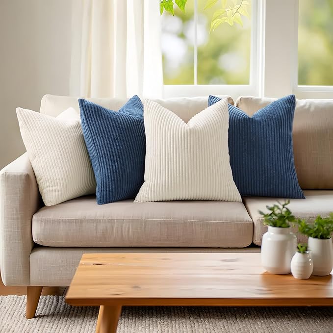 Mecatny Corduroy Decorative Throw Pillow Covers 24x24 Set of 2 for Sofa Living Room, Soft Neutral Boho Couch Pillow Covers for Home Decor, Navy Blue