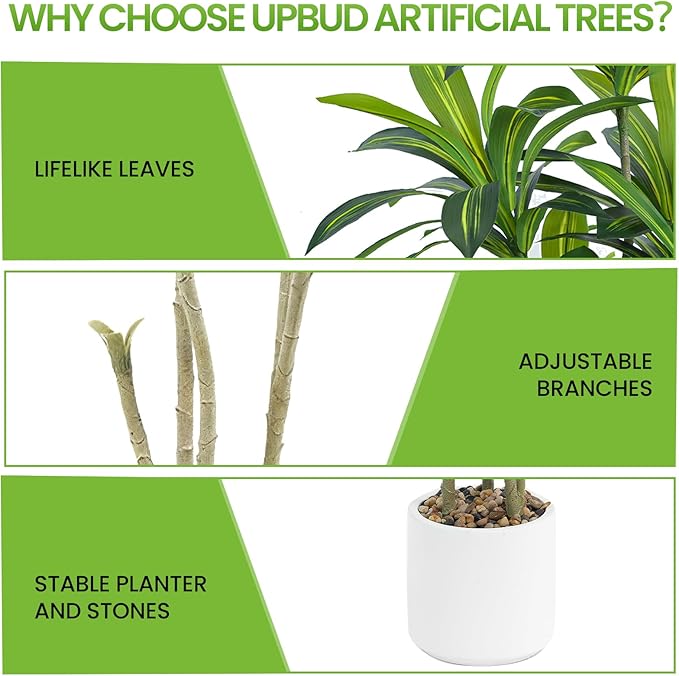 Artificial Dracaena Tree 5FT Tall, Realistic Faux Indoor Floor Plant for Home & Office Decor, White Round Planter with Decorative Stones – UPBUD