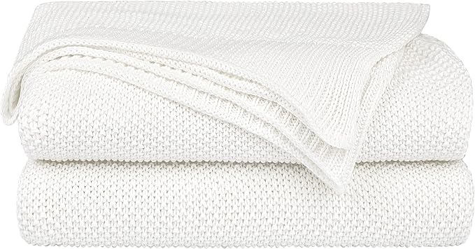 PiccoCasa 100% Cotton Knit Blanket Twin Size,Solid Lightweight Decorative Throws and Blankets,Soft Knitted Throw Blanket for Sofa Couch, White 60" x 78"