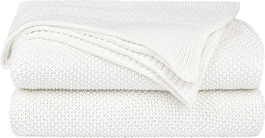 PiccoCasa 100% Cotton Knit Blanket Twin Size,Solid Lightweight Decorative Throws and Blankets,Soft Knitted Throw Blanket for Sofa Couch, White 60" x 78"