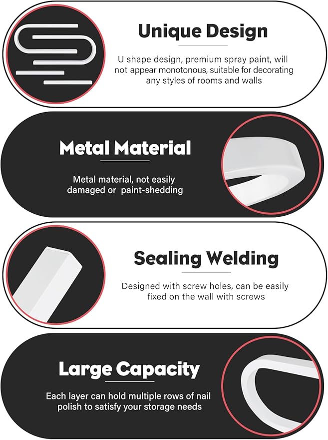 EBANKU 6PCS U Shape Nail Polish Racks Heavy Duty Nail Shelfs for Wall Nail Polish Display Rack Cosmetic Display Cases Nail Polish Organizer Wall Shelf for Home Spa Nail Salon(White)