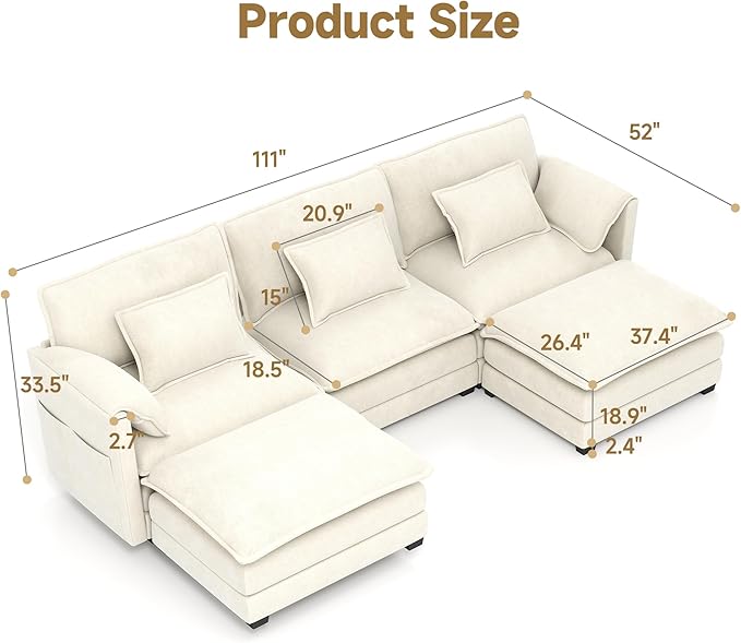 Real Relax 111'' Modular Sectional Sofa, U Shaped Chenille Convertible Couch with Movable Ottoman, 6 Pillows and 2 Armrest Pillows for Living Room, Office and Leisure Places, Beige