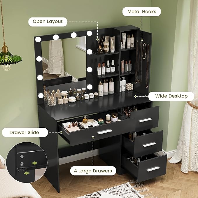 usikey sikey Makeup Vanity with Lights, Vanity Desk with Mirror and 10 LED Lights, Vanity Table Set with 4 Drawers, Cabinet & 4 Necklace Hooks, Dressing Table for Bedroom,Black