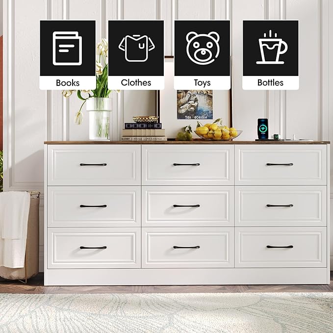 Fameill Dresser for Bedroom, 9 Drawer Wide Dresser Organizer with Charging Station, Tall Dresser for Hallway, Wood Dresser with Metal Handles, Farmhouse White