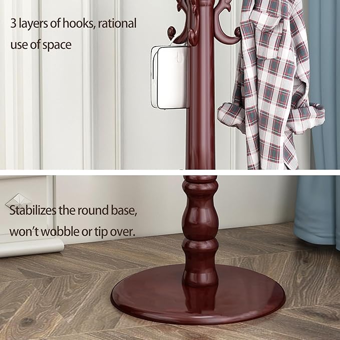 Coat Rack Freestanding, Wooden Coat Tree with Stable Round Base, Vintage Heavy Duty Coat Rack Stand with 14 Hooks, Coat Hanger Stand for Bedroom, Office, Entryway (Mahogany)