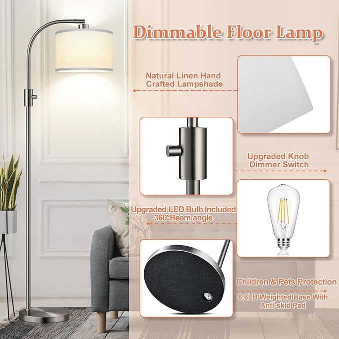 Nintiue Dimmable Floor Lamp, 1200 Lumens LED Edison Bulb Included, Arc Floor Lamps for Living Room Modern Standing Lamp with Linen Shade, ‎F1599