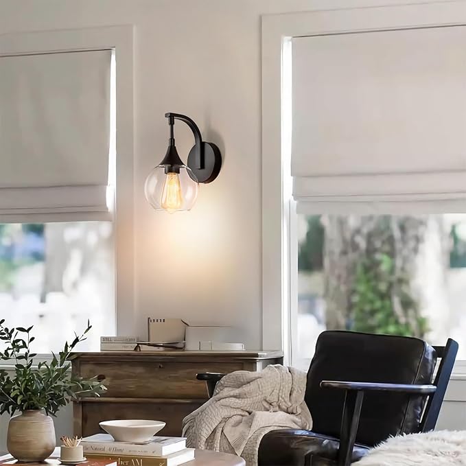 Black Wall Sconces Set of Two,Modern Wall Sconce Light with Clear Glass Shade,Bathroom Vanity Light Fixtures,Farmhouse Wall Lights for Living Room, Hallway,Kitchen