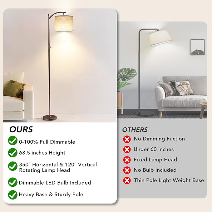 ROTTOGOON Dimmable Floor Lamp, Arc Floor Lamps for Living Room, Stepless Dimming Modern Standing Lamp with Linen Shade, Tall Lamp for Bedroom Office Dining Room- Brown