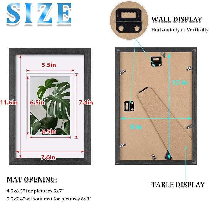 Egofine 8x12 Picture Frame Made of Solid Wood with Plexiglass, Display Pictures 5x7/6x8 with Mat or 8x12 Without Mat for Tabletop and Wall Mounting, Rustic Black