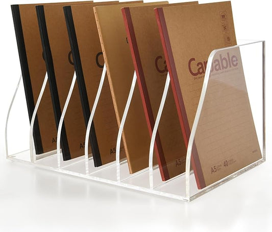 Acrylic Magazine File Holder, 6 Vertical Compartments Desk Document Sorter Organizer, Clear Folder Rack Binder for Office/Home/Classroom, for Documents, Tablet, Magazines, Books & Accessories