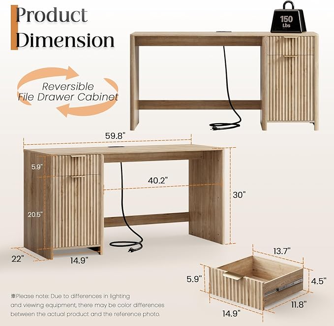 60" Fluted Home Office Desks with Storage, Modern Executive Desk Computer Desk with Drawer & Cabinet, Wood Work Desk for Office, Bedroom, Study, Living Room, Oak