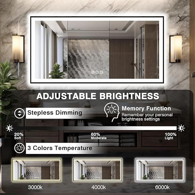 Large 88x38 LED Bathroom Mirrors - Black Aluminum Trim (Front and Backlit), Anti-Fog Vanity Mirror with Lights,Stepless Dimmable Lighted, 3 Colors Smart, Memory (Horizontal/Vertical)