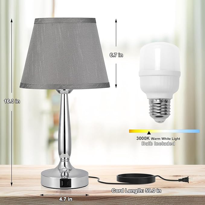 Kakanuo Touch Table Lamp for Bedroom, Small Bedside Lamp with USB C Charging Port, 3 Way Dimmable Touch Control Nightstand Lamp for Living Room and Office, Gray Shade and Silver Base