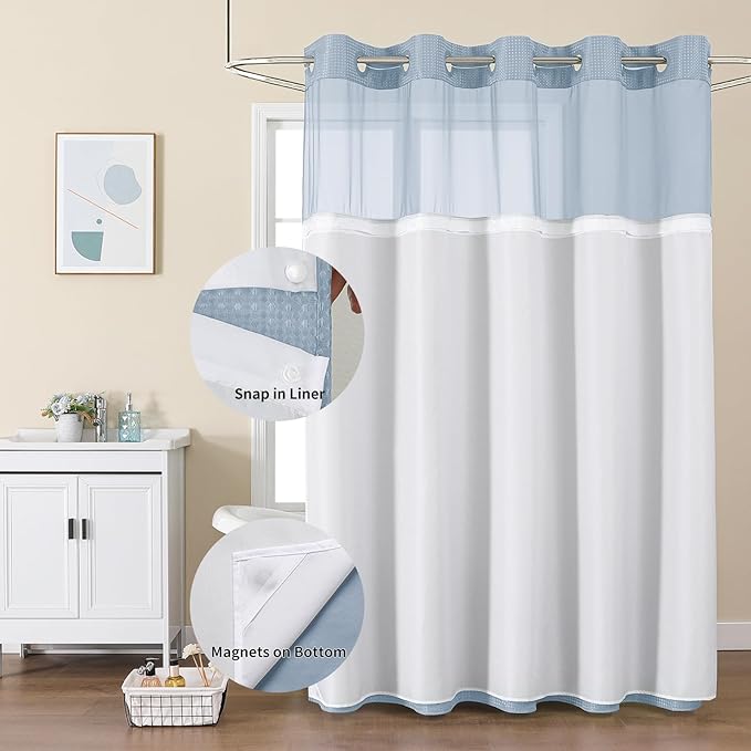 Colorful Star No Hook Shower Curtain with Snap in Fabric Liner, Waffle Weave Heavy Duty Thick Shower Curtains with Mesh Top Window, Hotel Style Waterproof Bathroom Curtain Set, 72 x 75 Inch, Fog Blue