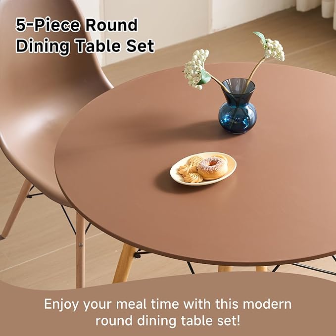 31.5'' 5 Piece Round Dining Table Set for 4, Mid-Century Modern Table with Chairs, Space Saving, Plastic Seats, Wood Legs, Circle Dinner Table for Kitchen, Home, Apartment, Brown