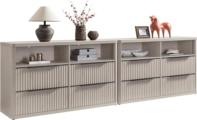 SICOTAS Dresser for Bedroom - Dressers & Chests of Drawers with 4 Drawers Large Modern Dresser for Closet with Open Shelf Fluted Wide TV Stand Clothes Closet Storage for Bedroom Hallway Entryway