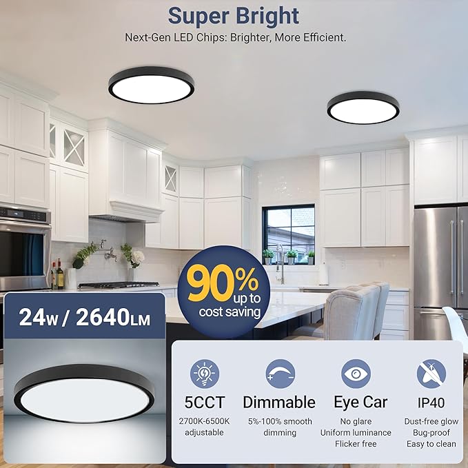 8 Pack 12 Inch LED Flush Mount Ceiling Light, 24W 2640LM 5 CCT Selectable (2700K-6500K), Dimmable Ultra-Thin Round Fixture for Kitchen Bedroom Laundry Hallway, Black