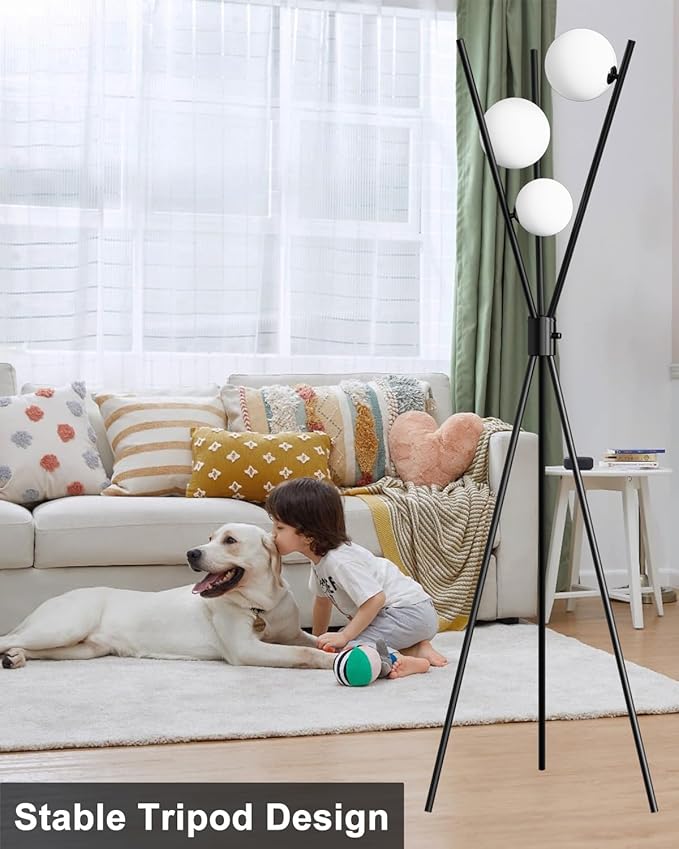 Lightdot 60IN Dimmable Tripod Floor Lamp Mid Century Black Standing Lamps with 3Pcs 3000K G9 Bulbs Globe Eye Care&Stable Base Modern Tall Lamp for Living Room Bedroom Office