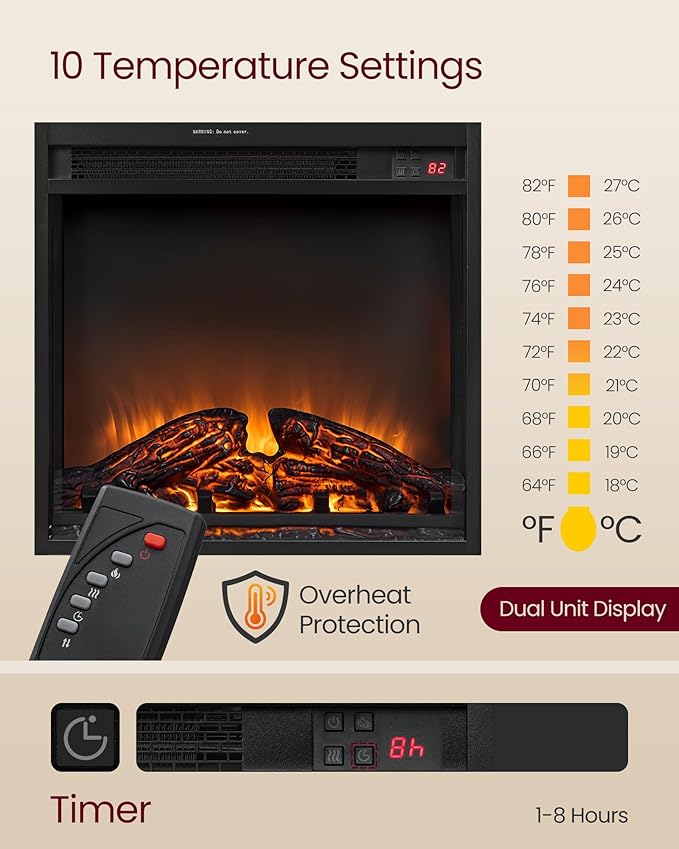 VASAGLE Fireplace TV Stand for TVs up to 80 Inches, 18-Inch ELectric Fireplace with Remote, Farmhouse Entertainment Center, Media Console Table for Living Room, Rustic White and Honey Brown ULTV541W01