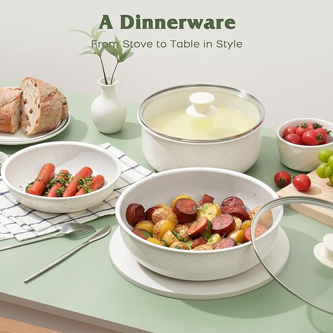 18 Pcs Pots and Pans Set Non Stick, Cookware Sets with Detachable Handle, Nonstick RV Kitchen Cooking Tools Removable Handles, Oven Safe, Induction Fast, Stackable Induction Cookware, White