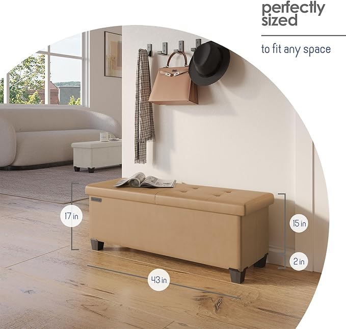 STORAGEBUD Storage Ottoman Bench with Bins, 43-in Storage Bench for Bedroom End of Bed, Folding Foot Rest Ottoman for Living Room Max 660lbs, Faux Leather Ottomans, Taupe