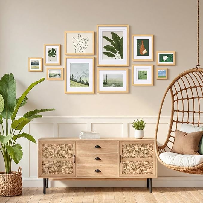 Egofine 12x16 Picture Frame Natural Wood Made of Solid Wood with Plexiglass, Display Pictures 9x12/11x14 with Mat or 12x16 Without Mat, for Wall Mounting Photo Frame