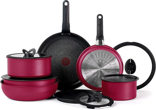 T-fal Ingenio Expertise Non Stick Cookware Set 14 Piece, Induction, Oven Broiler Safe 500F, Cookware, Pots and Pans Set, RV, Camping, Frying Pans, Dishwasher Safe, Detachable/Removable Handle, Pink