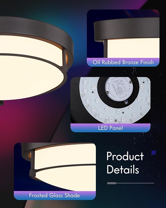 12-Inch RGB Flush Mount Ceiling Light with an Oil-Rubbed Bronze Finish, Ideal for Bathrooms, Bedrooms, Kitchens, and Hallways. Model:CKCL4822-2W-ORB-R