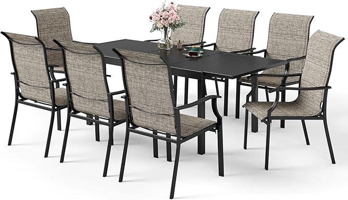 9 Piece Outdoor Dining Sets, Textilene Patio Dining Sets for 8, Metal Expandable Patio Table & High Back Patio Chairs All Weather Outdoor Table and Chair Sets for Backyard Deck