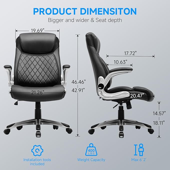 GTRACING Big and Tall High Back Office Chair 400LBS Wide Leather Executive Chair Height Adjustable Lumbar Support & Armrests, Comfy Desk Gaming Chairs Computer Swivel Chair, Black