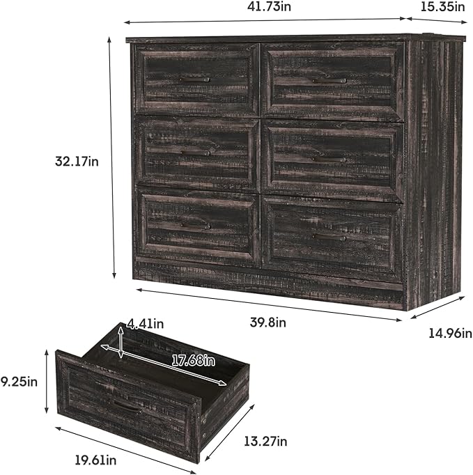 Fameill Dresser for Bedroom, 6 Drawer Wide Dressers Organizer with Charging Station for Hallway with Metal Handles, Dark Brown