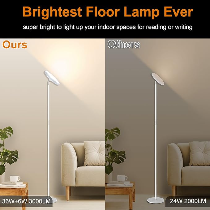 Bright Floor Lamp,42W 3700LM LED Torchiere Floor Lamps for Living Room, 71in. Modern Tall Standing Light with Remote,Color & Brightness Dimmable Sky Light,1/2/3H Timer for Bedroom,Office(White)
